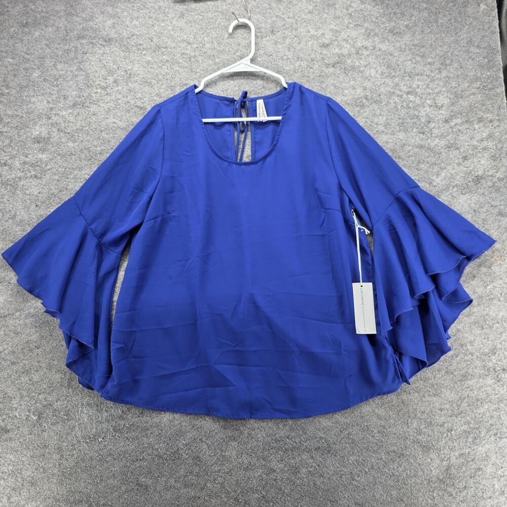 LIVE 4 TRUTH Blouse Kimono Womens 1X Blue Scoop Neck Bell Sleeve Ruffle Tie